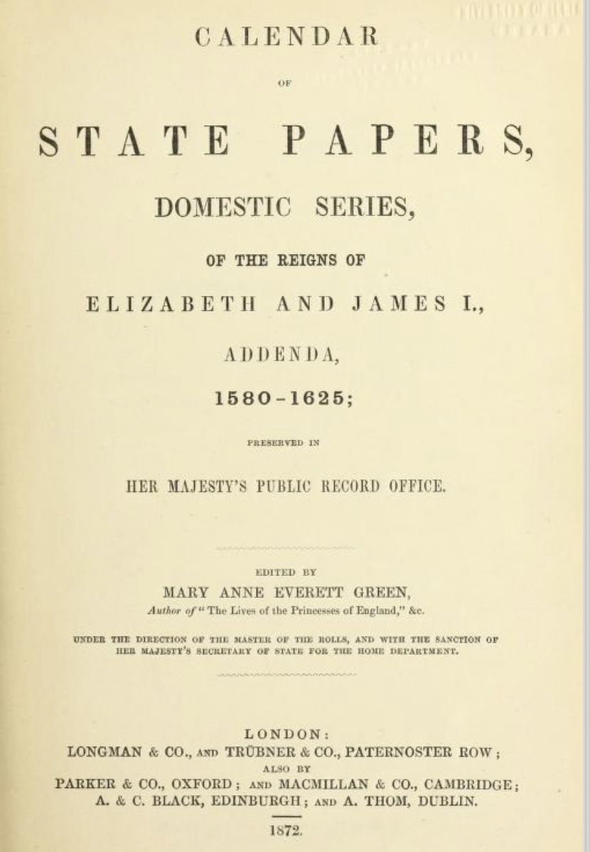 Title page of one volume of the Calendar of State Papers Domestic for the reigns of Elizabeth and James I